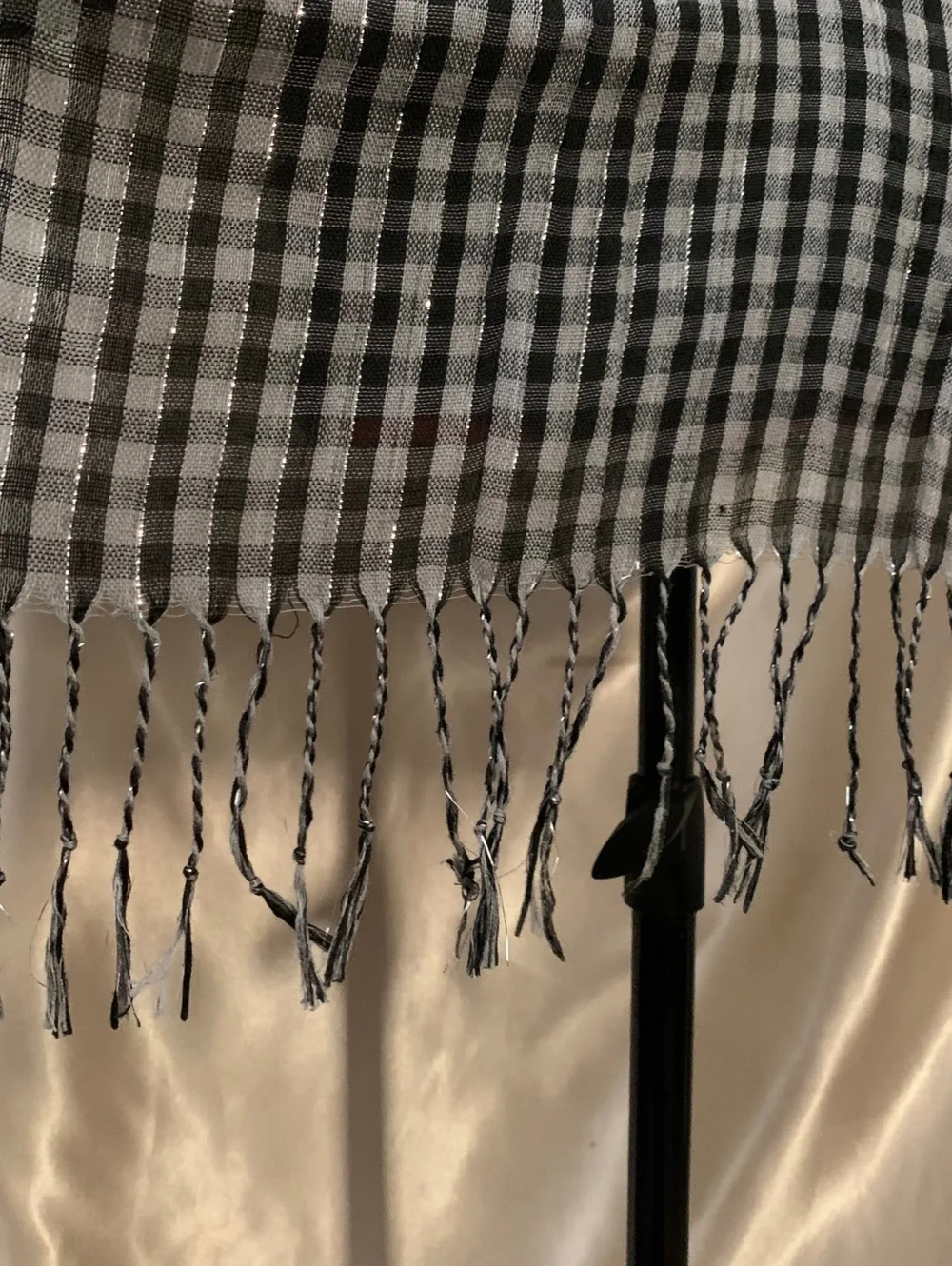 Black Gray Checkered Gingham Plaid Scarf Silver Metallic Stripe Fringe Emo